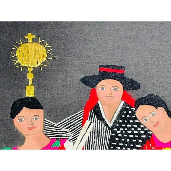 Solola Black Stretched Folk Art Embroidered Spanish Textile Frameless Picture - Picture 7 of 12